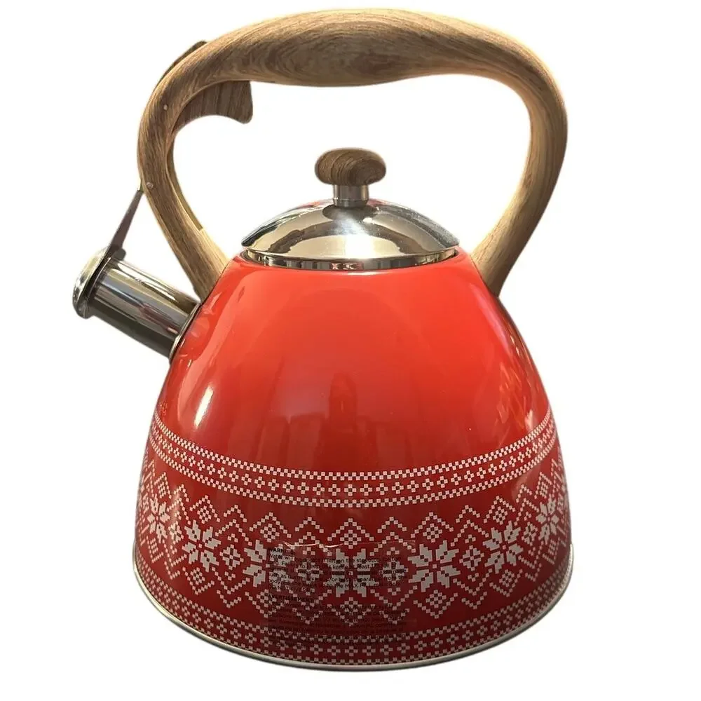 Red Snowflake Tea Kettle Nordic Holiday Stovetop Whistling Kettle 2.6 Qt